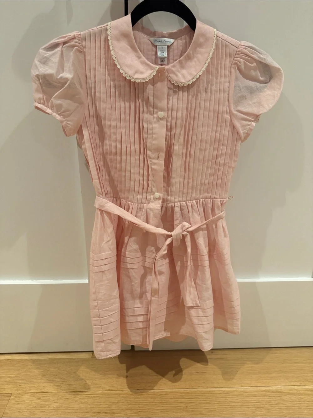 Ralph Lauren Light Pink Pleated Cotton Dress with Peter Pan Collar
